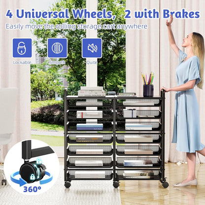 12-Tier Rolling File Cart, Desk File Organizer with 11 Mesh Sliding Trays, Letter & Legal Paper Storage Rolling Utility Cart for Office Home School, Black