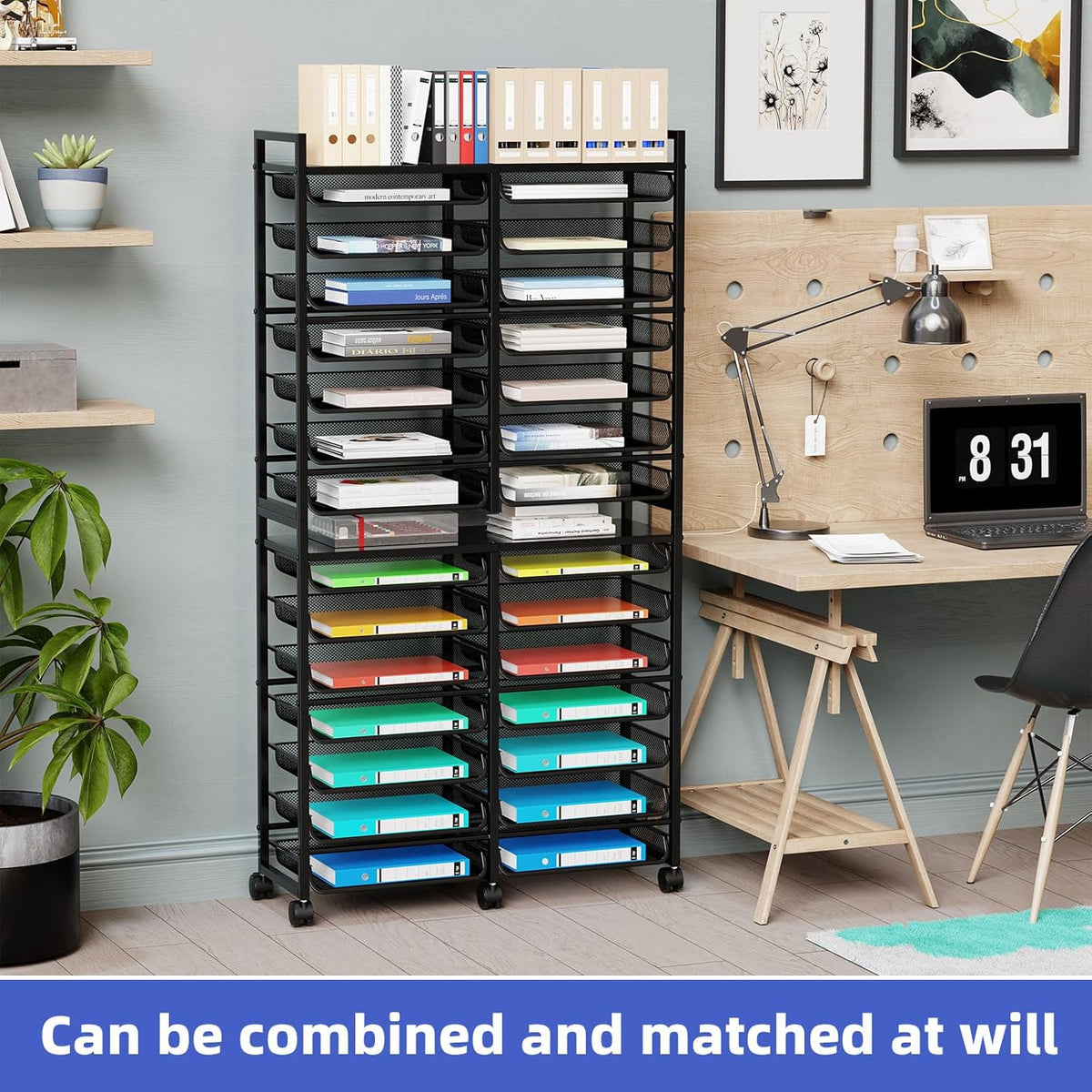 12-Tier Rolling File Cart, Desk File Organizer with 11 Mesh Sliding Trays, Letter & Legal Paper Storage Rolling Utility Cart for Office Home School, Black