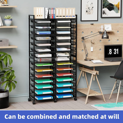 12-Tier Rolling File Cart, Desk File Organizer with 11 Mesh Sliding Trays, Letter & Legal Paper Storage Rolling Utility Cart for Office Home School, Black