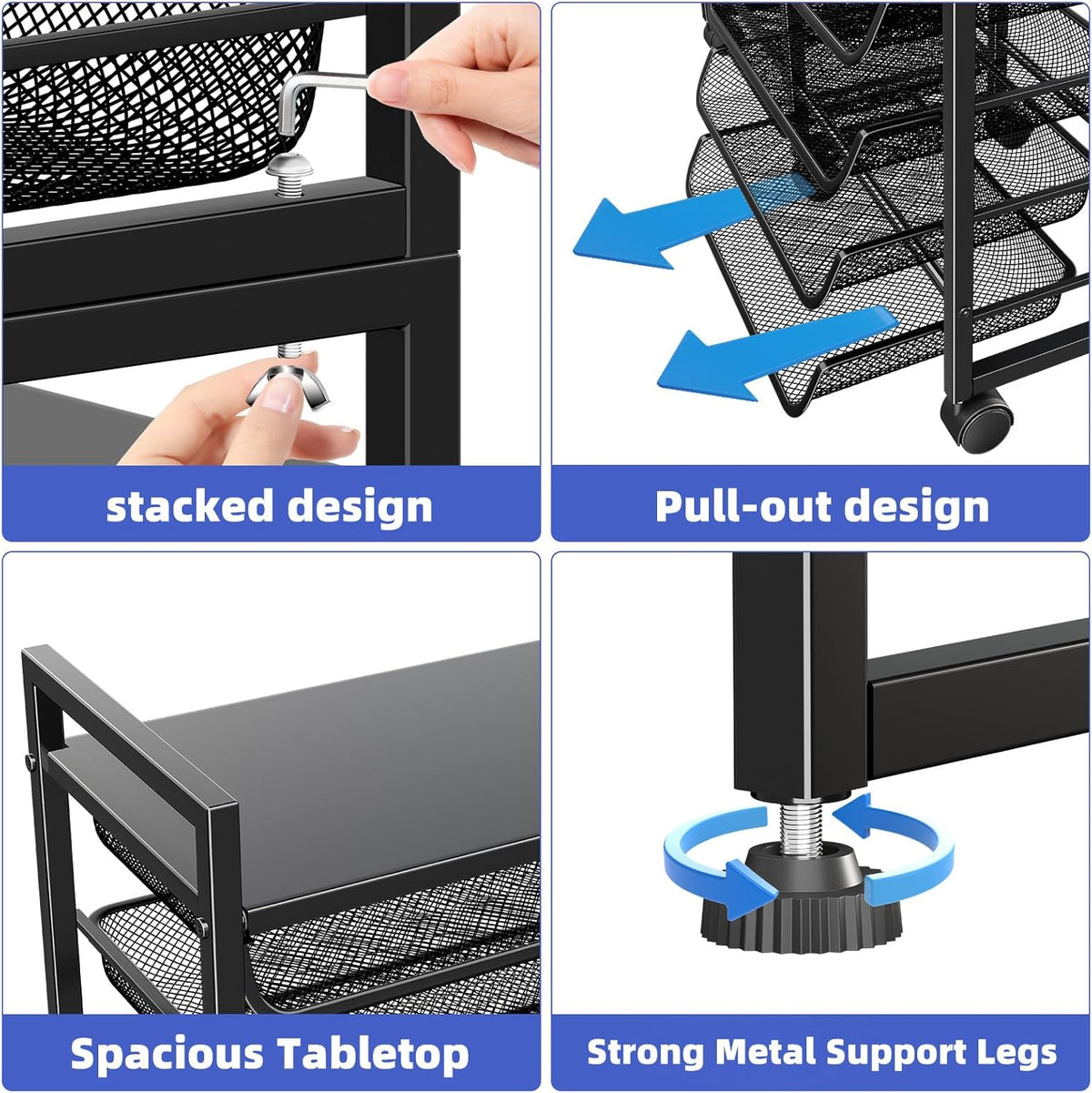 12-Tier Rolling File Cart, Desk File Organizer with 11 Mesh Sliding Trays, Letter & Legal Paper Storage Rolling Utility Cart for Office Home School, Black