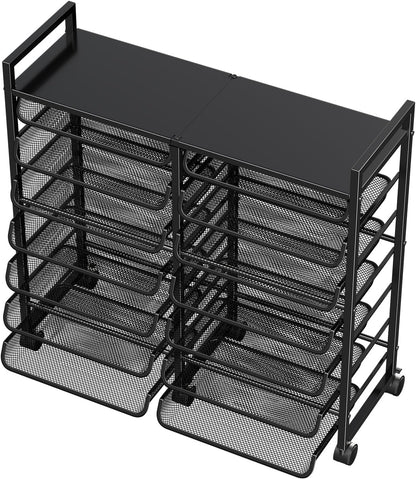 12-Tier Rolling File Cart, Desk File Organizer with 11 Mesh Sliding Trays, Letter & Legal Paper Storage Rolling Utility Cart for Office Home School, Black