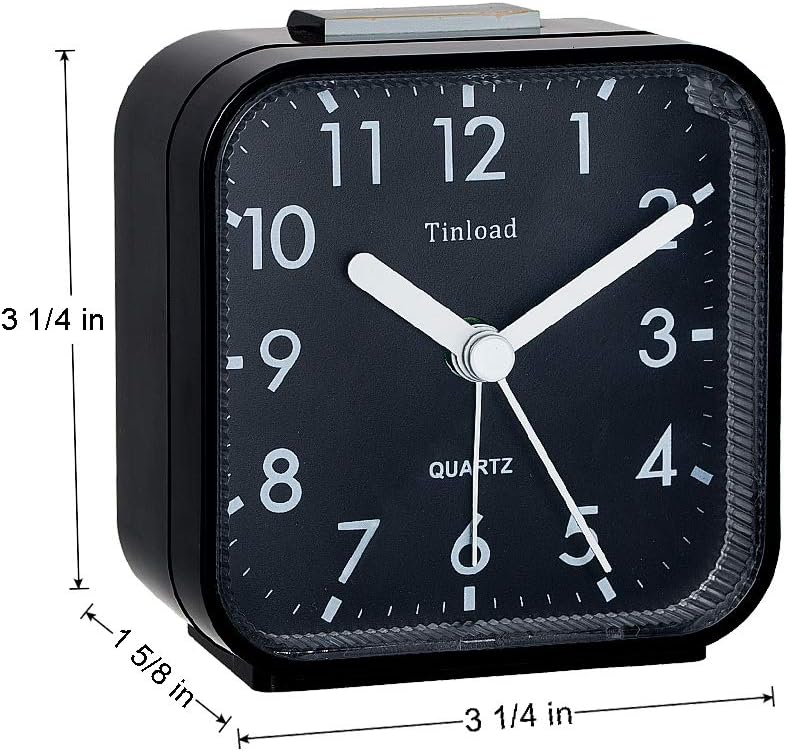 Small Battery Operated Analog Travel Alarm Clock Silent Non Ticking, Gentle Wake, Ascending Beep Sounds, Snooze,Lighted on Demand, Easy Set(Black)