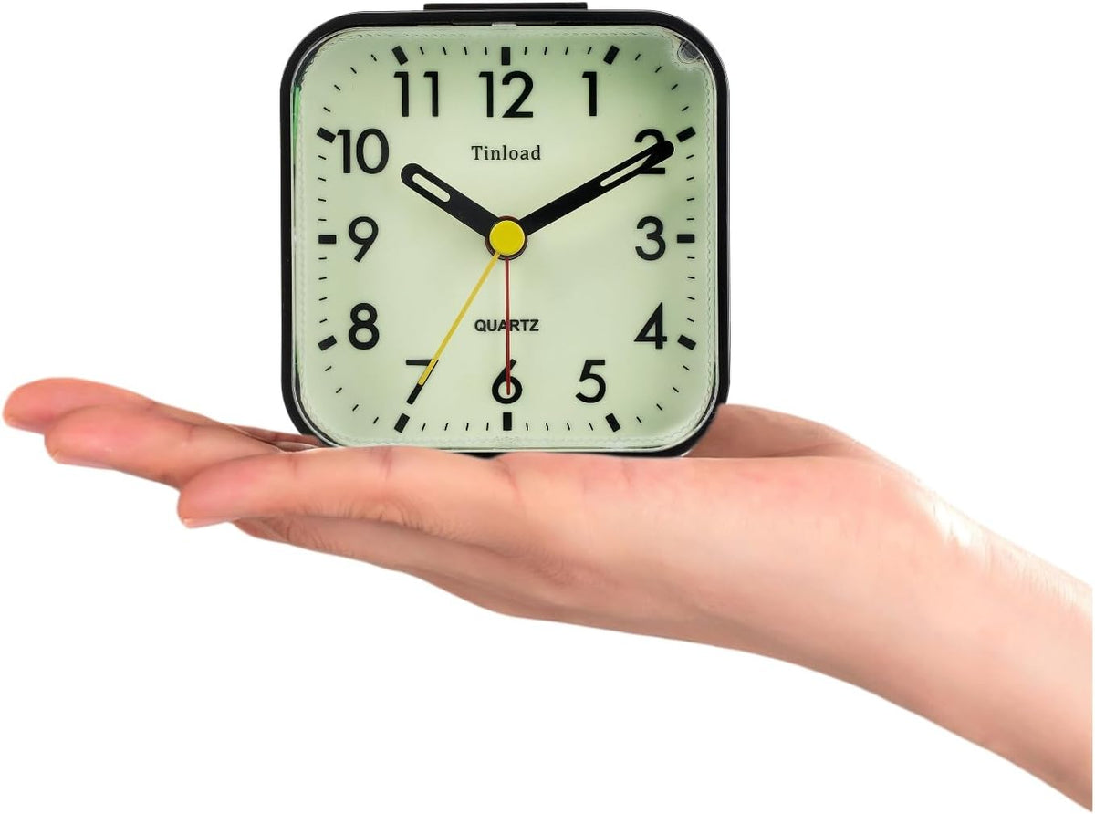 Small Battery Operated Analog Travel Alarm Clock Silent Non Ticking, Gentle Wake, Ascending Beep Sounds, Snooze,Lighted on Demand, Easy Set(Black)