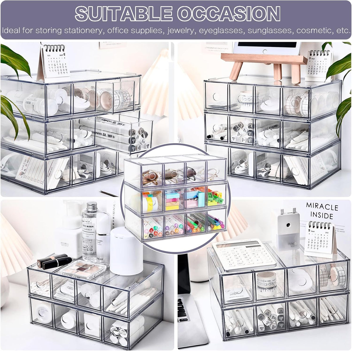 Desk Organizer with 4 Drawers, Stackable Desktop Storage Box