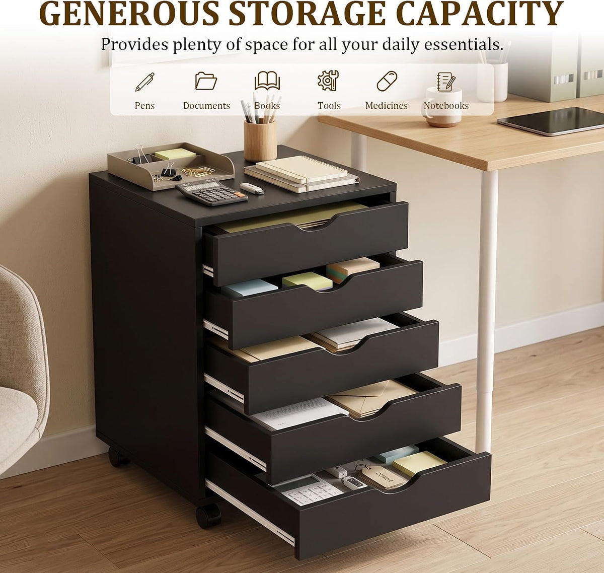 5 Drawer Rolling Storage Cabinet, Mobile File Cabinet for Office, White