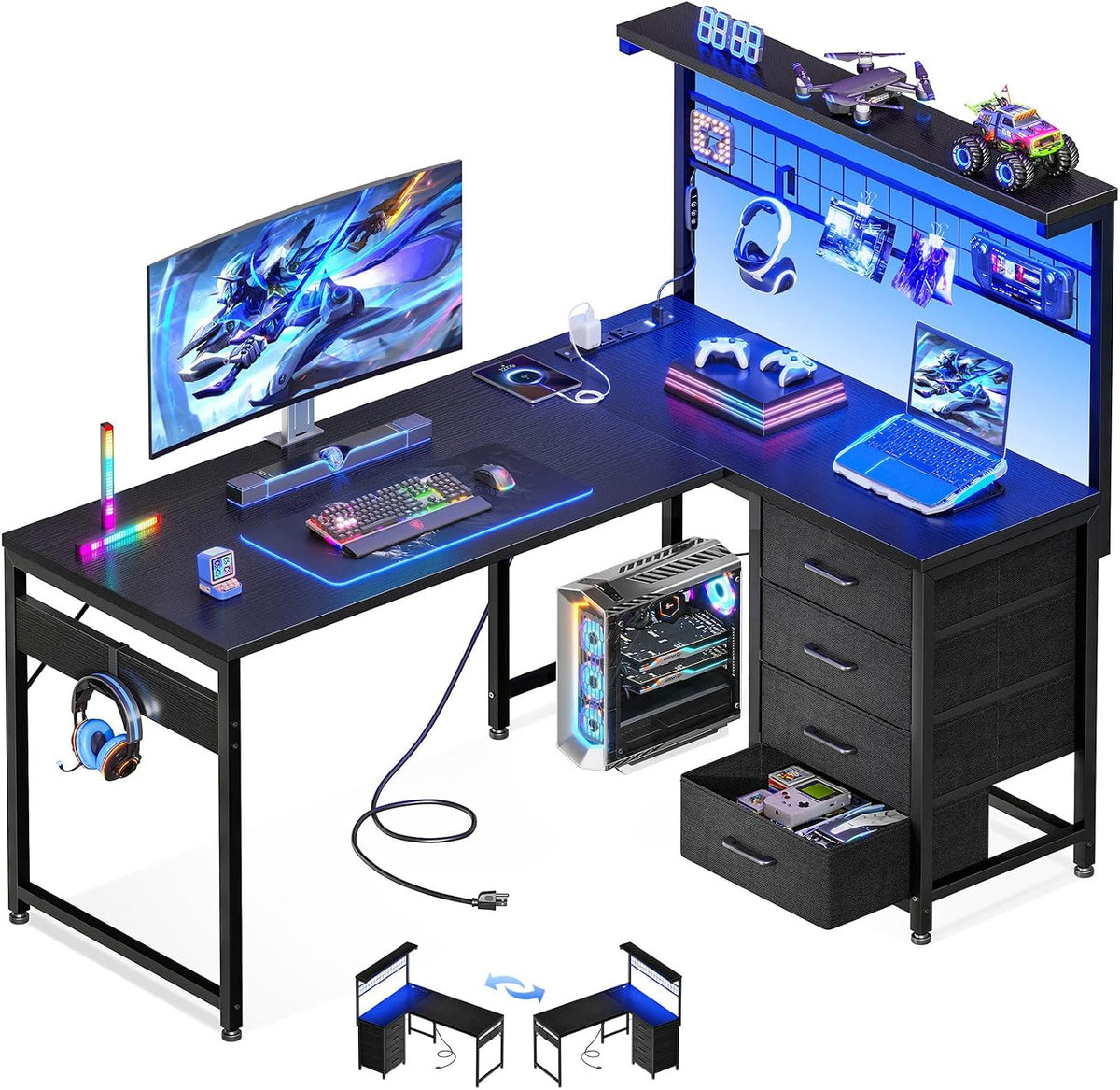 43" L Shaped Gaming Desk with Shelf & 4 Drawers, Black