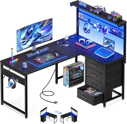 43" L Shaped Gaming Desk with Shelf & 4 Drawers, Black
