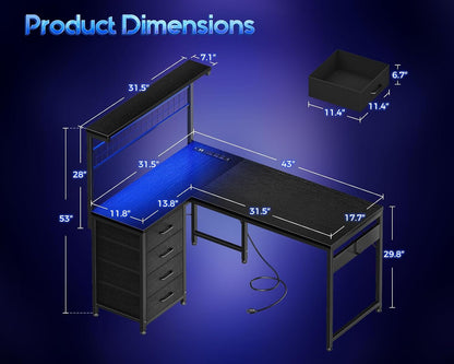 43" L Shaped Gaming Desk with Shelf & 4 Drawers, Black