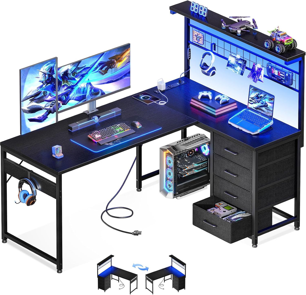 43" L Shaped Gaming Desk with Shelf & 4 Drawers, Black