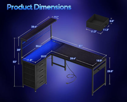 43" L Shaped Gaming Desk with Shelf & 4 Drawers, Black