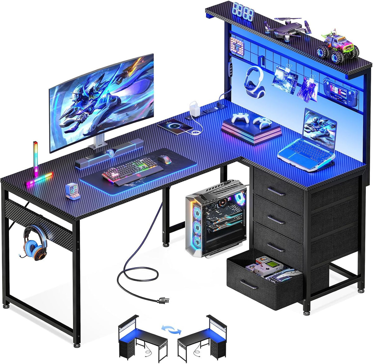 43" L Shaped Gaming Desk with Shelf & 4 Drawers, Black