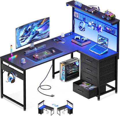 43" L Shaped Gaming Desk with Shelf & 4 Drawers, Black