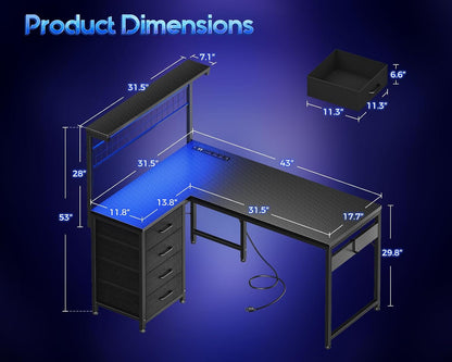 43" L Shaped Gaming Desk with Shelf & 4 Drawers, Black