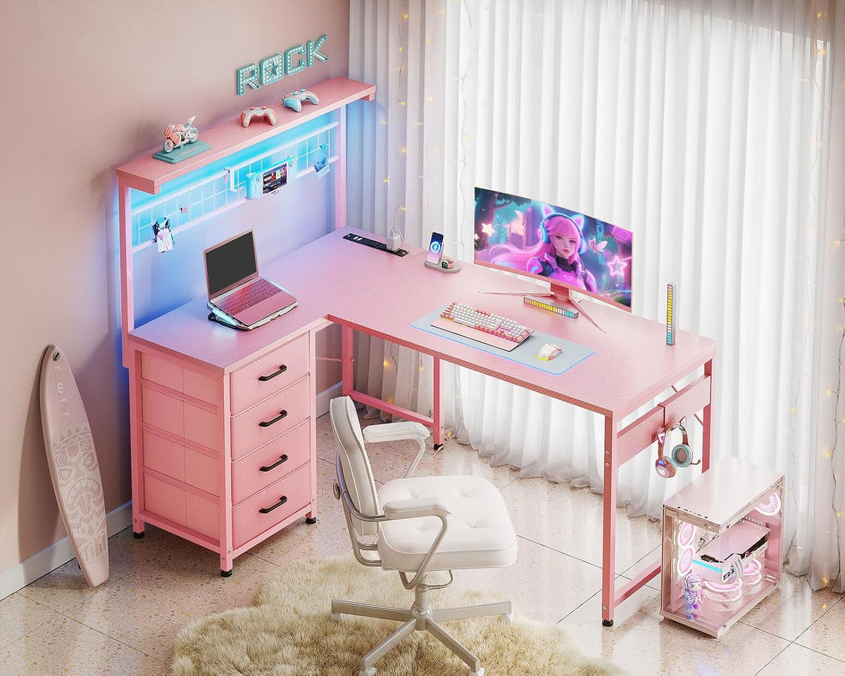 43" L Shaped Gaming Desk with Shelf & 4 Drawers, Black