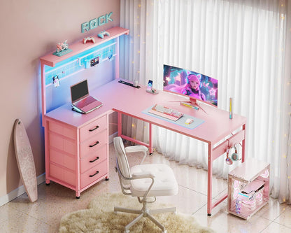 43" L Shaped Gaming Desk with Shelf & 4 Drawers, Black