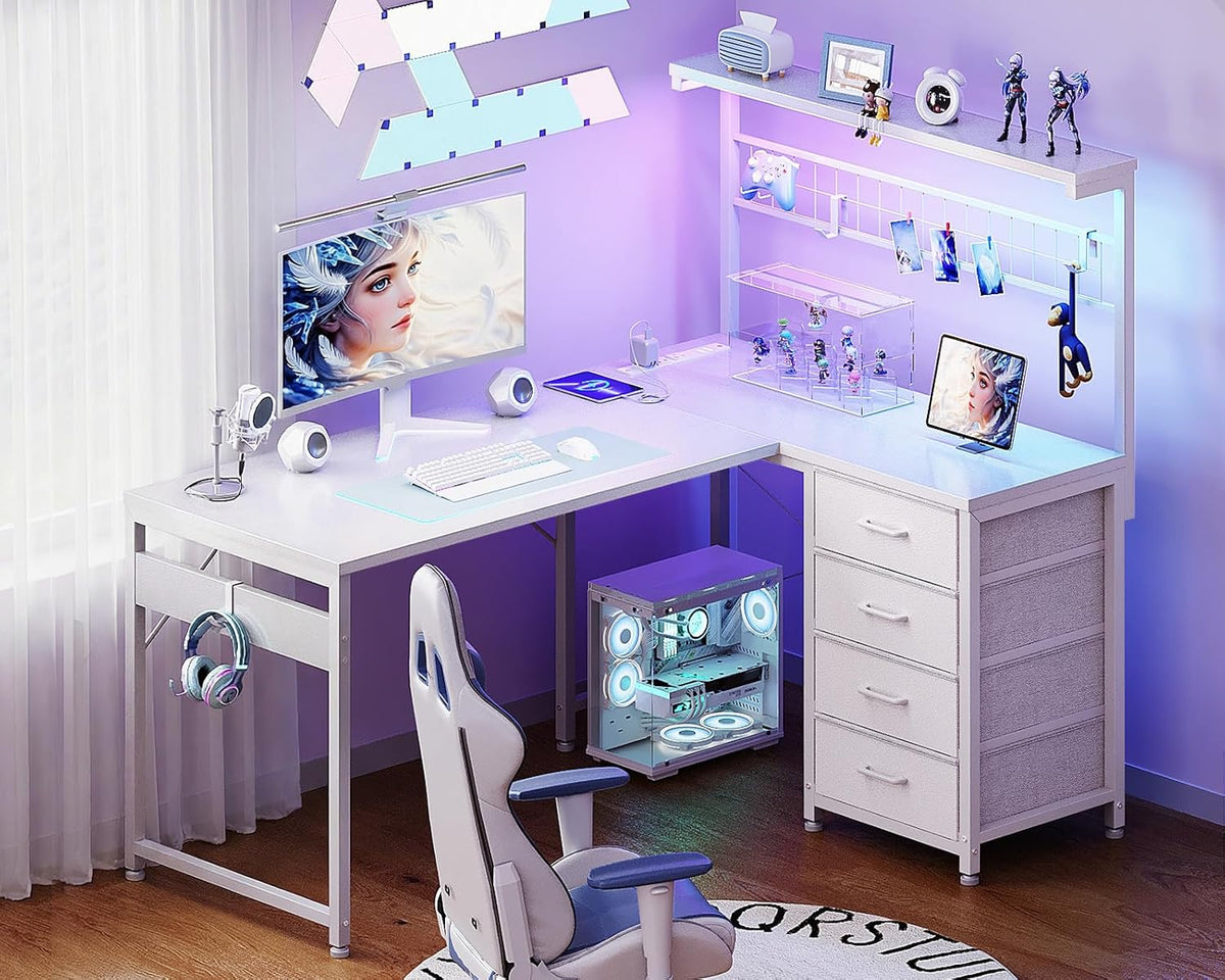 43" L Shaped Gaming Desk with Shelf & 4 Drawers, Black