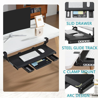 Under Desk Keyboard Tray with Metal Slide Rail, 26.8x11.8", Black