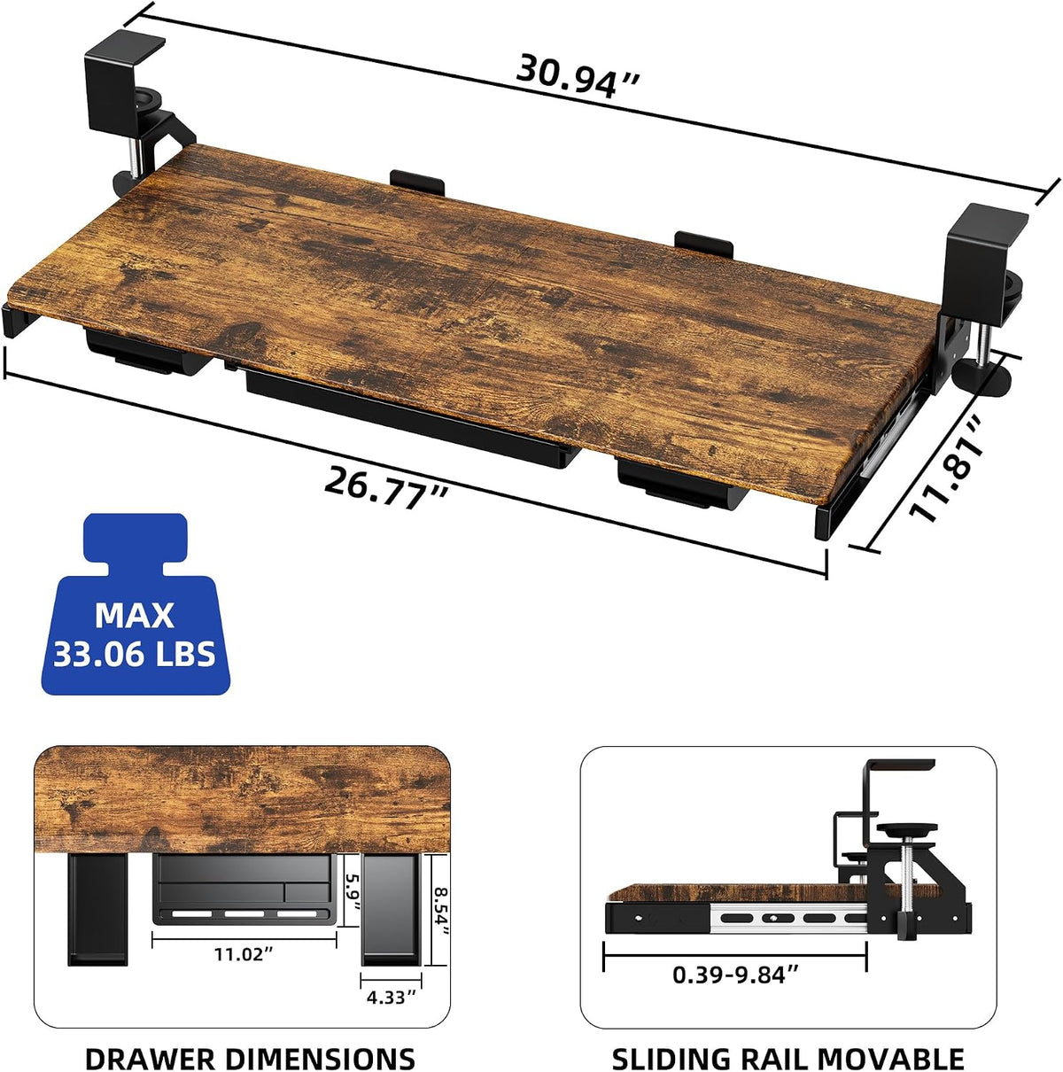 Under Desk Keyboard Tray with Metal Slide Rail, 26.8x11.8", Black