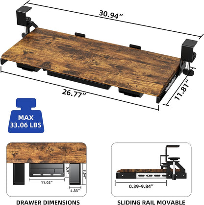 Under Desk Keyboard Tray with Metal Slide Rail, 26.8x11.8", Black