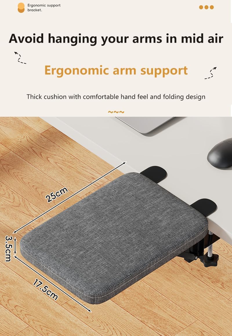 Foldable Armrest Desk Mount - Metal Support + Cushioned Pad for Wrist Relief, Ergonomic Workstation Accessory (Grey)