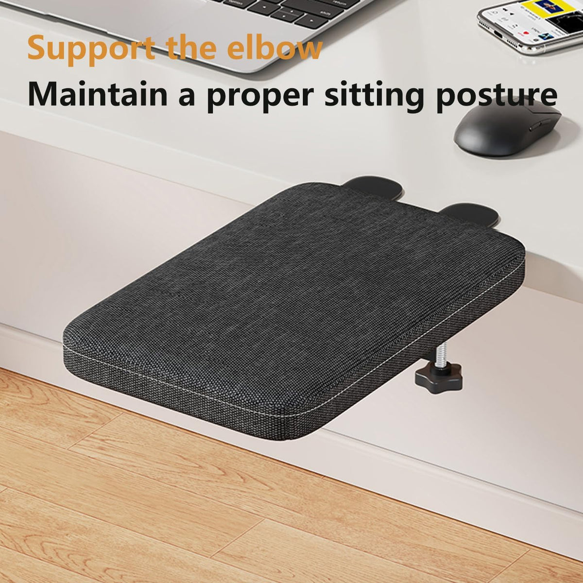 Foldable Armrest Desk Mount - Metal Support + Cushioned Pad for Wrist Relief, Ergonomic Workstation Accessory (Grey)