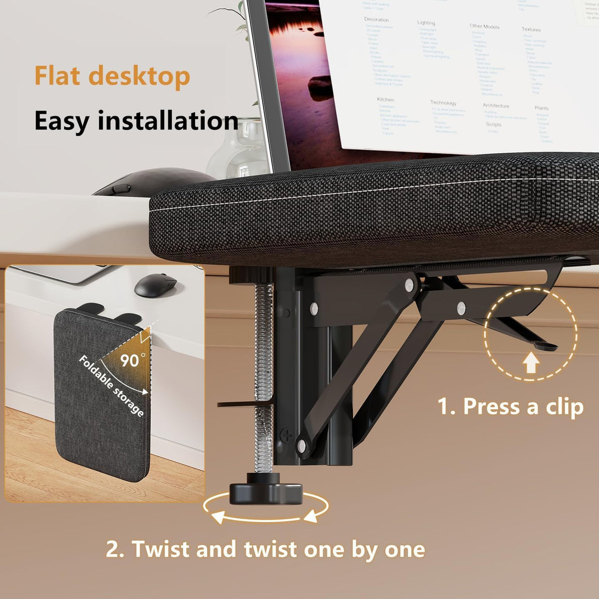Foldable Armrest Desk Mount - Metal Support + Cushioned Pad for Wrist Relief, Ergonomic Workstation Accessory (Grey)
