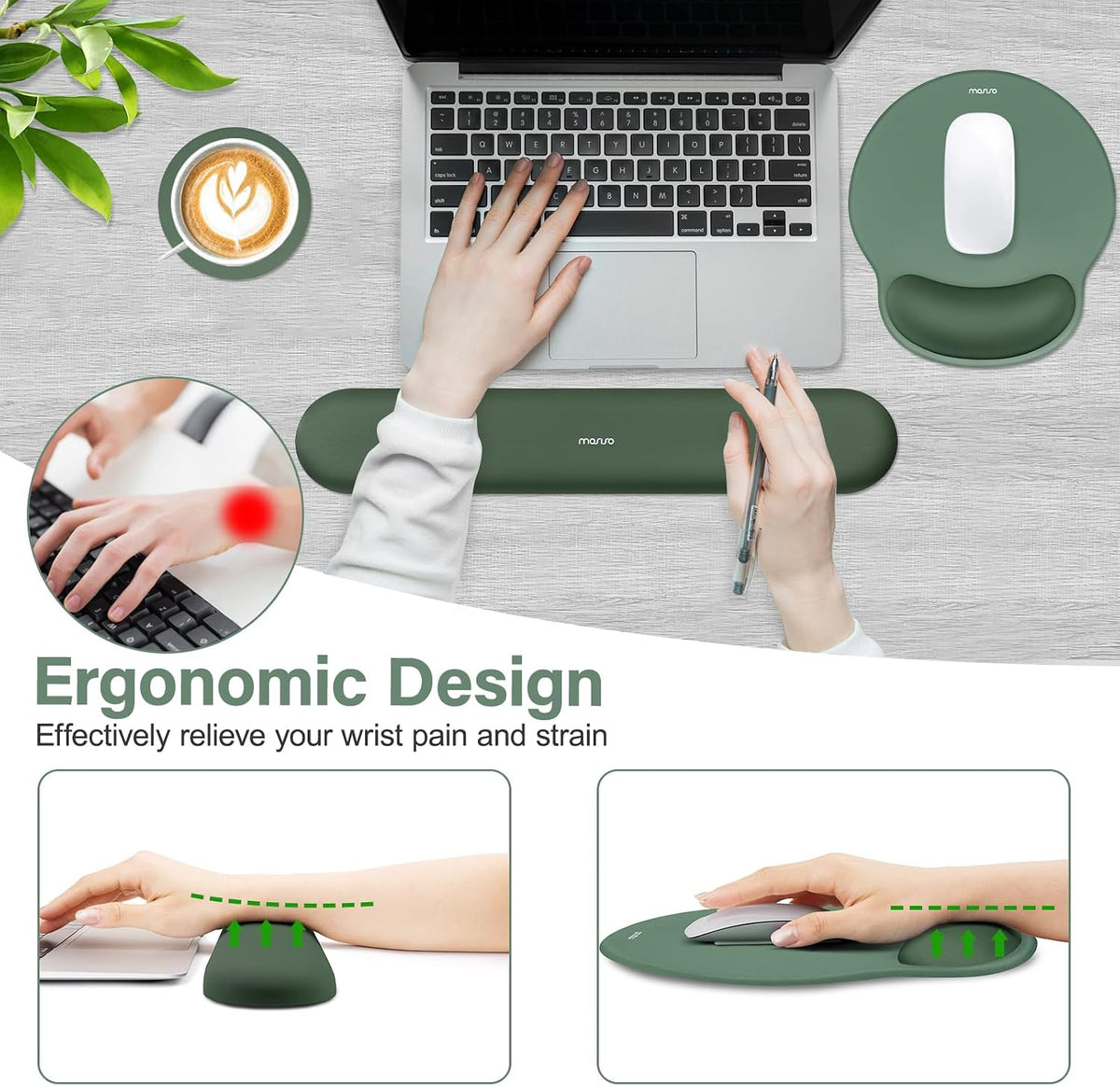 Wrist Rest Support for Mouse Pad&Keyboard Set, Antique Green
