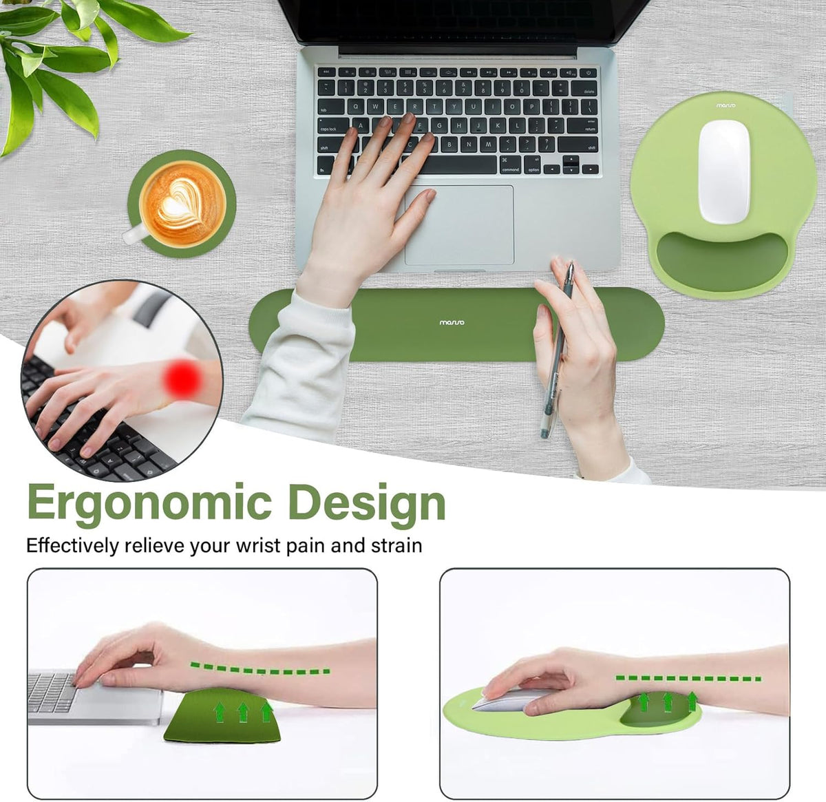 Wrist Rest Support for Mouse Pad&Keyboard Set, Antique Green