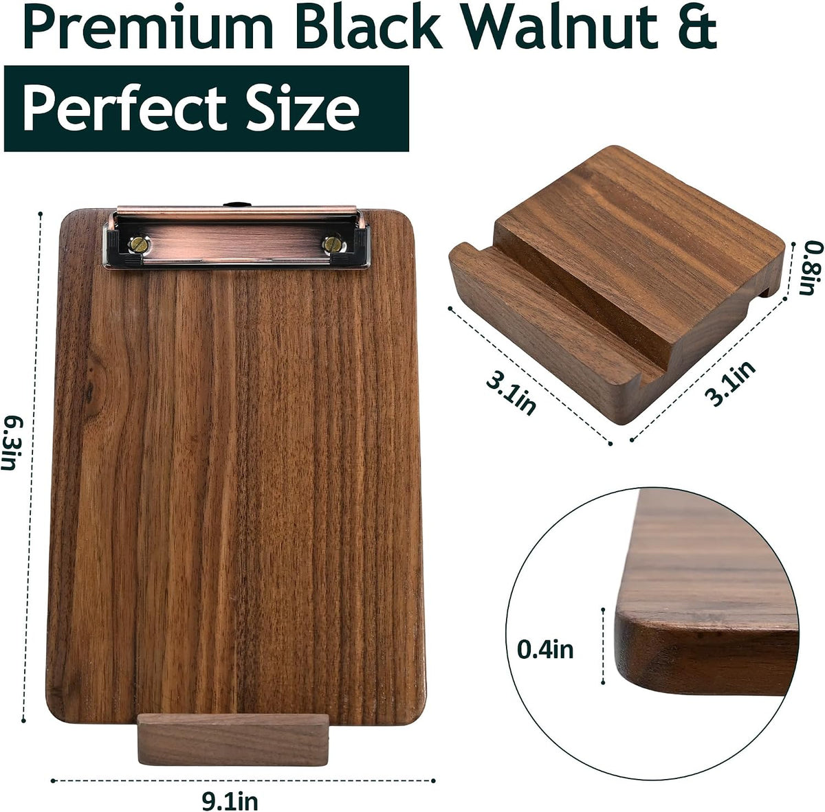 Walnut Wood Clipboard, Small Clip Board with Tabletop Stand, 0.88Lbs, 9*6.3 in, Smooth Edges, Idea for Menu and Small Memos Display for Coffee Shops, Bar, Office, Restaurant, Countertops, Self-Service
