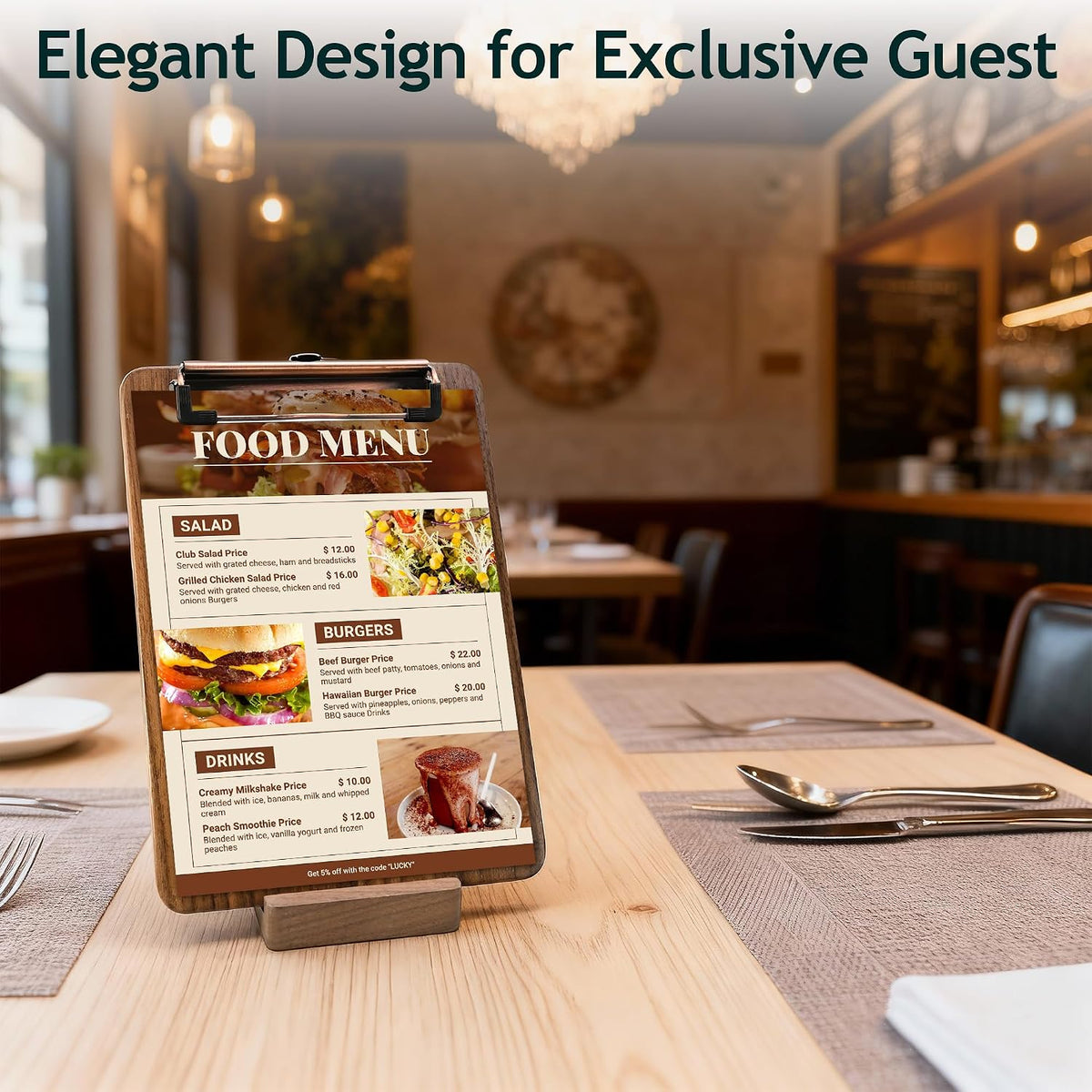Walnut Wood Clipboard, Small Clip Board with Tabletop Stand, 0.88Lbs, 9*6.3 in, Smooth Edges, Idea for Menu and Small Memos Display for Coffee Shops, Bar, Office, Restaurant, Countertops, Self-Service
