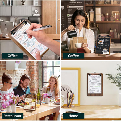 Walnut Wood Clipboard, Small Clip Board with Tabletop Stand, 0.88Lbs, 9*6.3 in, Smooth Edges, Idea for Menu and Small Memos Display for Coffee Shops, Bar, Office, Restaurant, Countertops, Self-Service