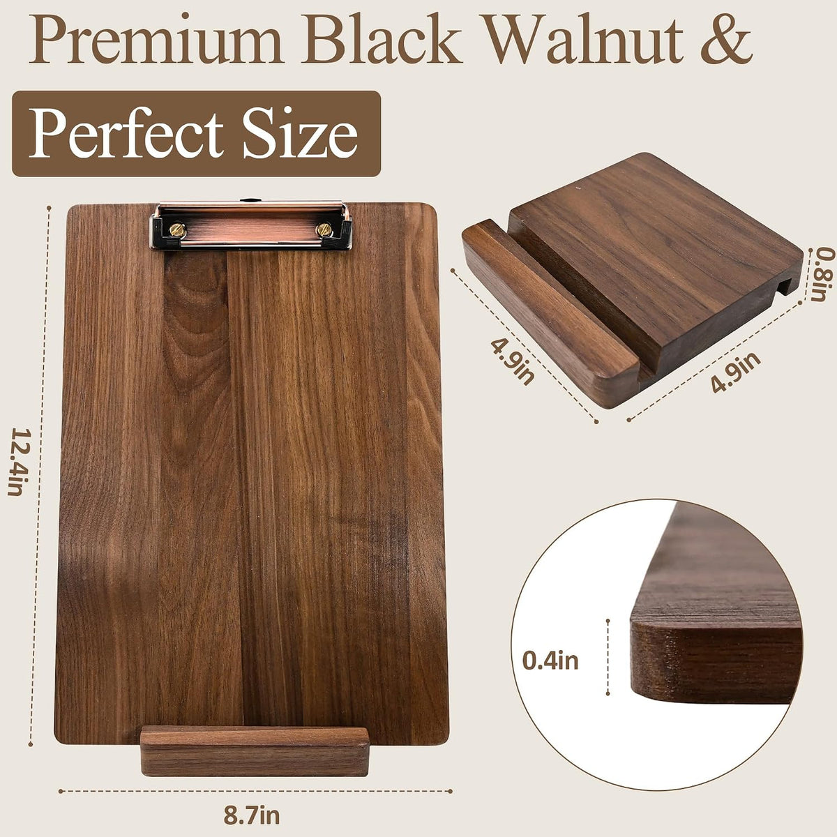 Walnut Wood Clipboard, Small Clip Board with Tabletop Stand, 0.88Lbs, 9*6.3 in, Smooth Edges, Idea for Menu and Small Memos Display for Coffee Shops, Bar, Office, Restaurant, Countertops, Self-Service
