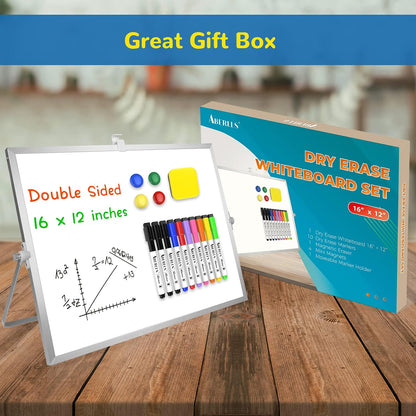 Magnetic Dry Erase White Board with Stand, 16" x 12" Desktop White Board