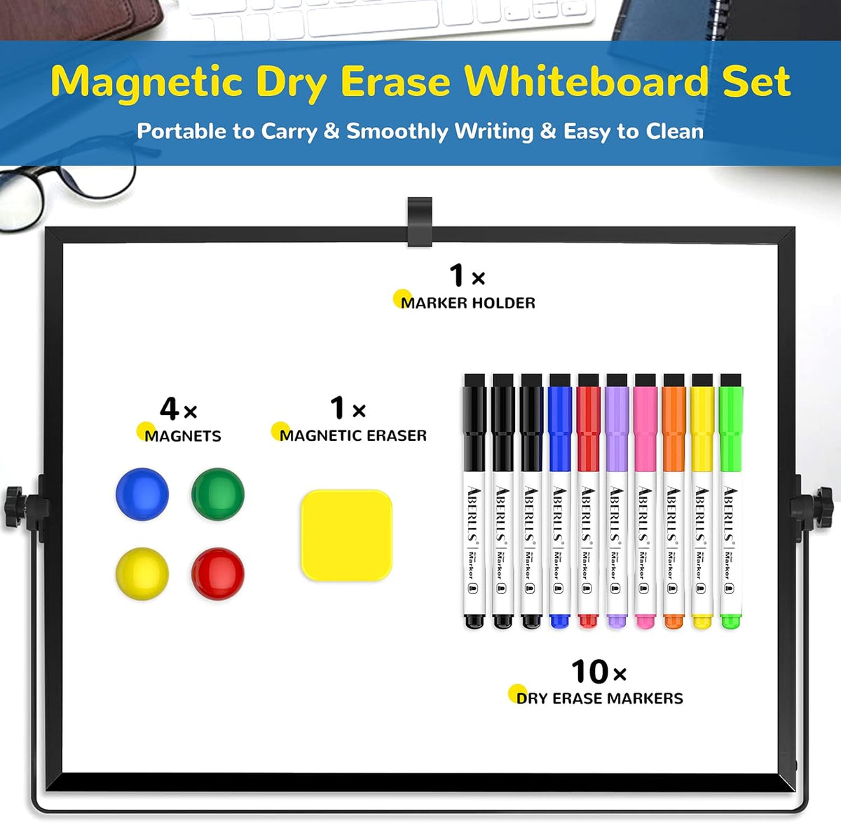Magnetic Dry Erase White Board with Stand, 16" x 12" Desktop White Board