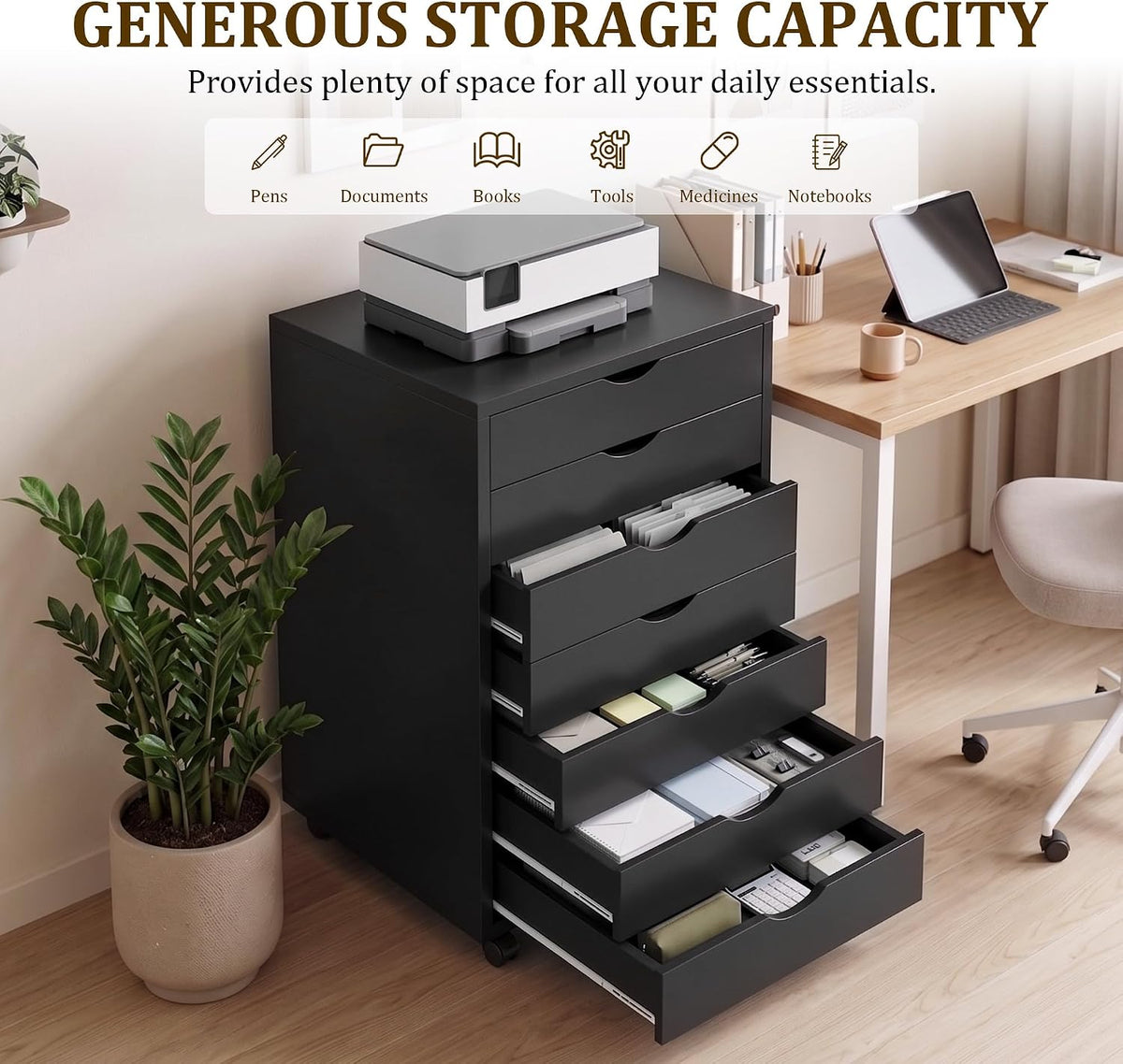 5 Drawer Mobile File Cabinet, Under Desk Storage Cabinet with Wheels