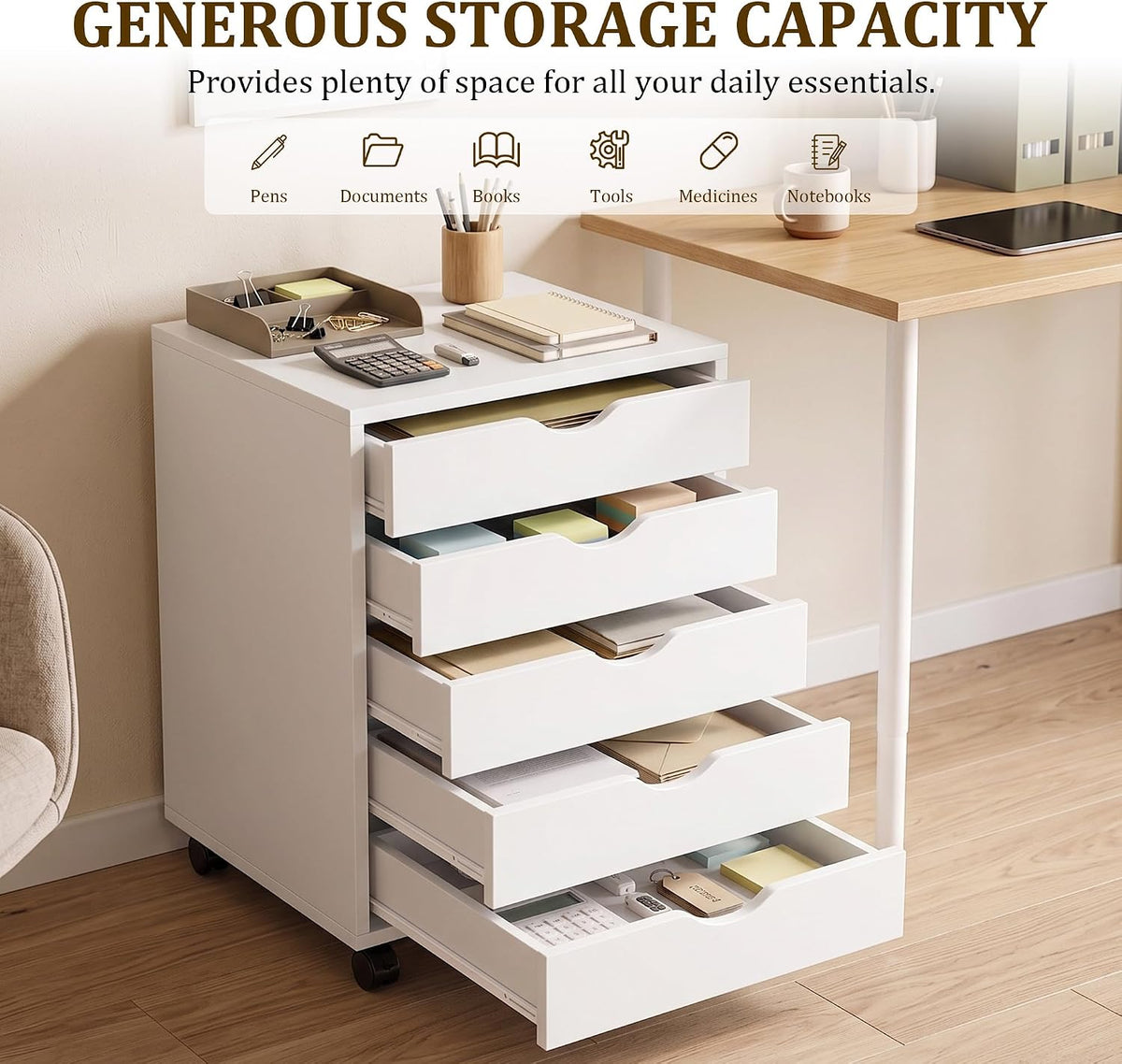 5 Drawer Mobile File Cabinet, Under Desk Storage Cabinet with Wheels