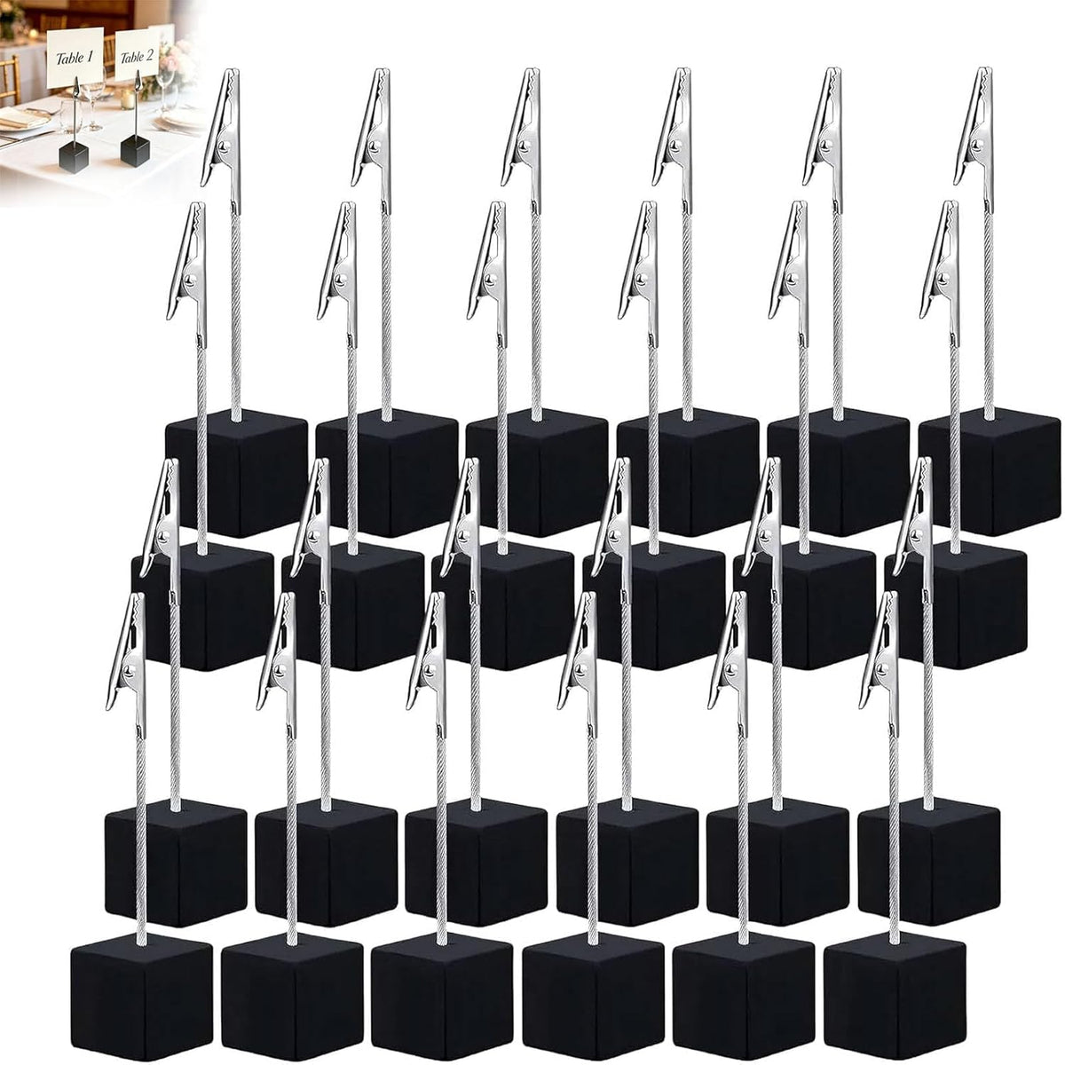24 Pcs Wooden Cube Memo Holders with Alligator Clips, Table Number Stands for Wedding, Event, Office Desk – Black Base Photo & Card Display Clips