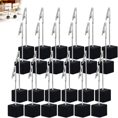 24 Pcs Wooden Cube Memo Holders with Alligator Clips, Table Number Stands for Wedding, Event, Office Desk – Black Base Photo & Card Display Clips