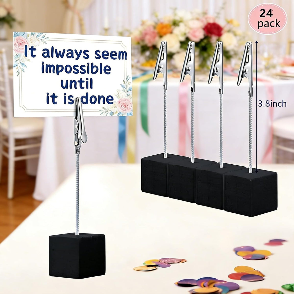 24 Pcs Wooden Cube Memo Holders with Alligator Clips, Table Number Stands for Wedding, Event, Office Desk – Black Base Photo & Card Display Clips
