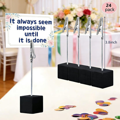 24 Pcs Wooden Cube Memo Holders with Alligator Clips, Table Number Stands for Wedding, Event, Office Desk – Black Base Photo & Card Display Clips