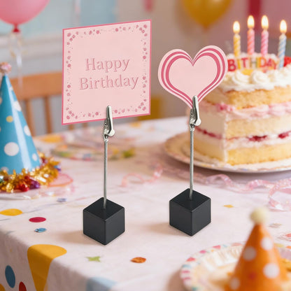 24 Pcs Wooden Cube Memo Holders with Alligator Clips, Table Number Stands for Wedding, Event, Office Desk – Black Base Photo & Card Display Clips