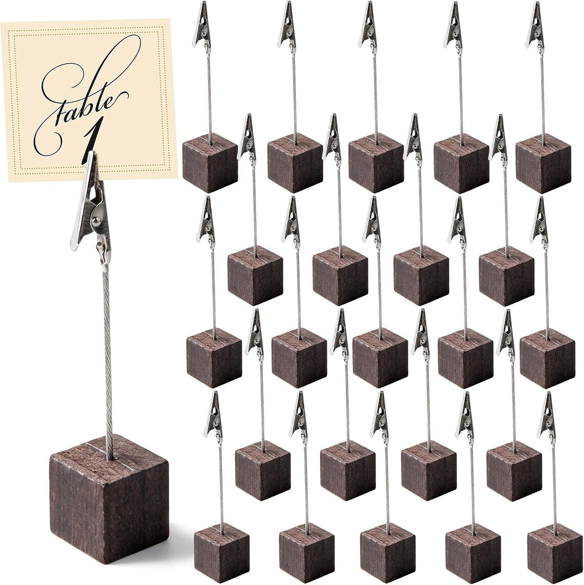 24 Pcs Wooden Cube Memo Holders with Alligator Clips, Table Number Stands for Wedding, Event, Office Desk – Black Base Photo & Card Display Clips
