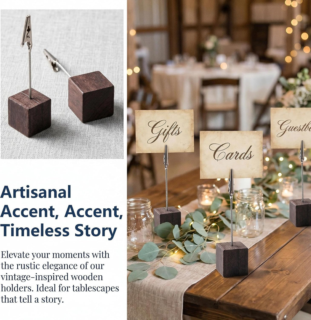 24 Pcs Wooden Cube Memo Holders with Alligator Clips, Table Number Stands for Wedding, Event, Office Desk – Black Base Photo & Card Display Clips