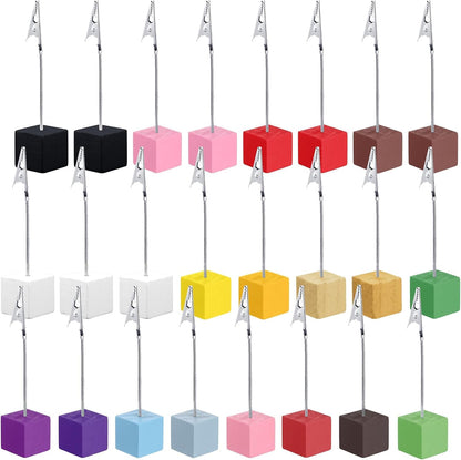 24 Pcs Wooden Cube Memo Holders with Alligator Clips, Table Number Stands for Wedding, Event, Office Desk – Black Base Photo & Card Display Clips