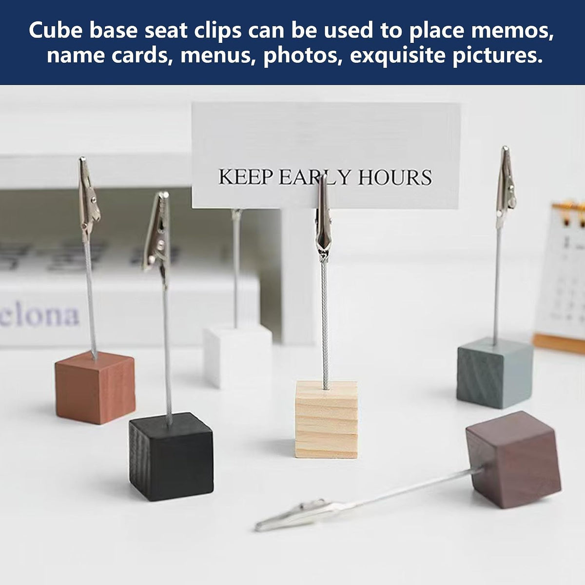 24 Pcs Wooden Cube Memo Holders with Alligator Clips, Table Number Stands for Wedding, Event, Office Desk – Black Base Photo & Card Display Clips