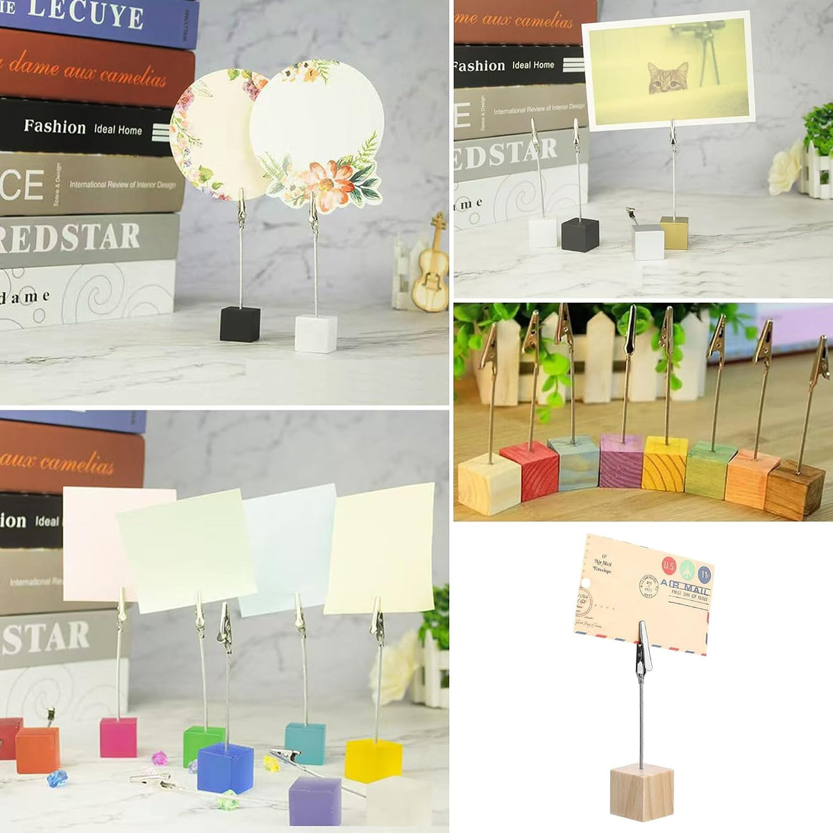 24 Pcs Wooden Cube Memo Holders with Alligator Clips, Table Number Stands for Wedding, Event, Office Desk – Black Base Photo & Card Display Clips
