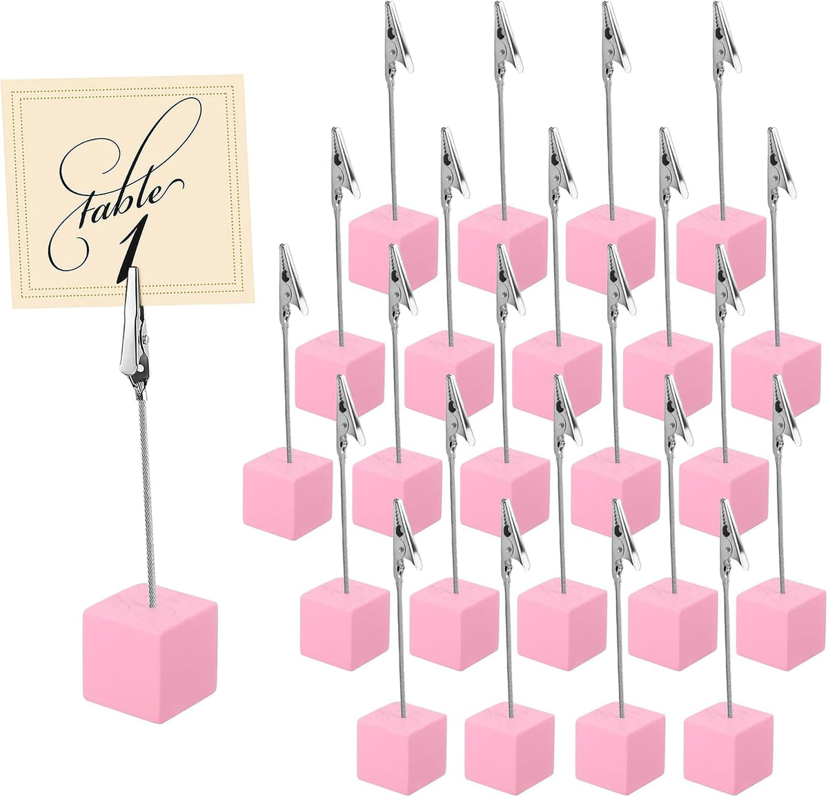 24 Pcs Wooden Cube Memo Holders with Alligator Clips, Table Number Stands for Wedding, Event, Office Desk – Black Base Photo & Card Display Clips
