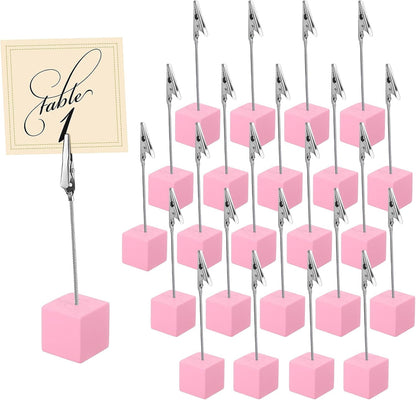 24 Pcs Wooden Cube Memo Holders with Alligator Clips, Table Number Stands for Wedding, Event, Office Desk – Black Base Photo & Card Display Clips