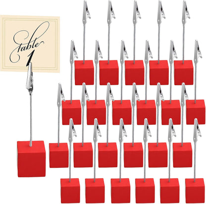 24 Pcs Wooden Cube Memo Holders with Alligator Clips, Table Number Stands for Wedding, Event, Office Desk – Black Base Photo & Card Display Clips