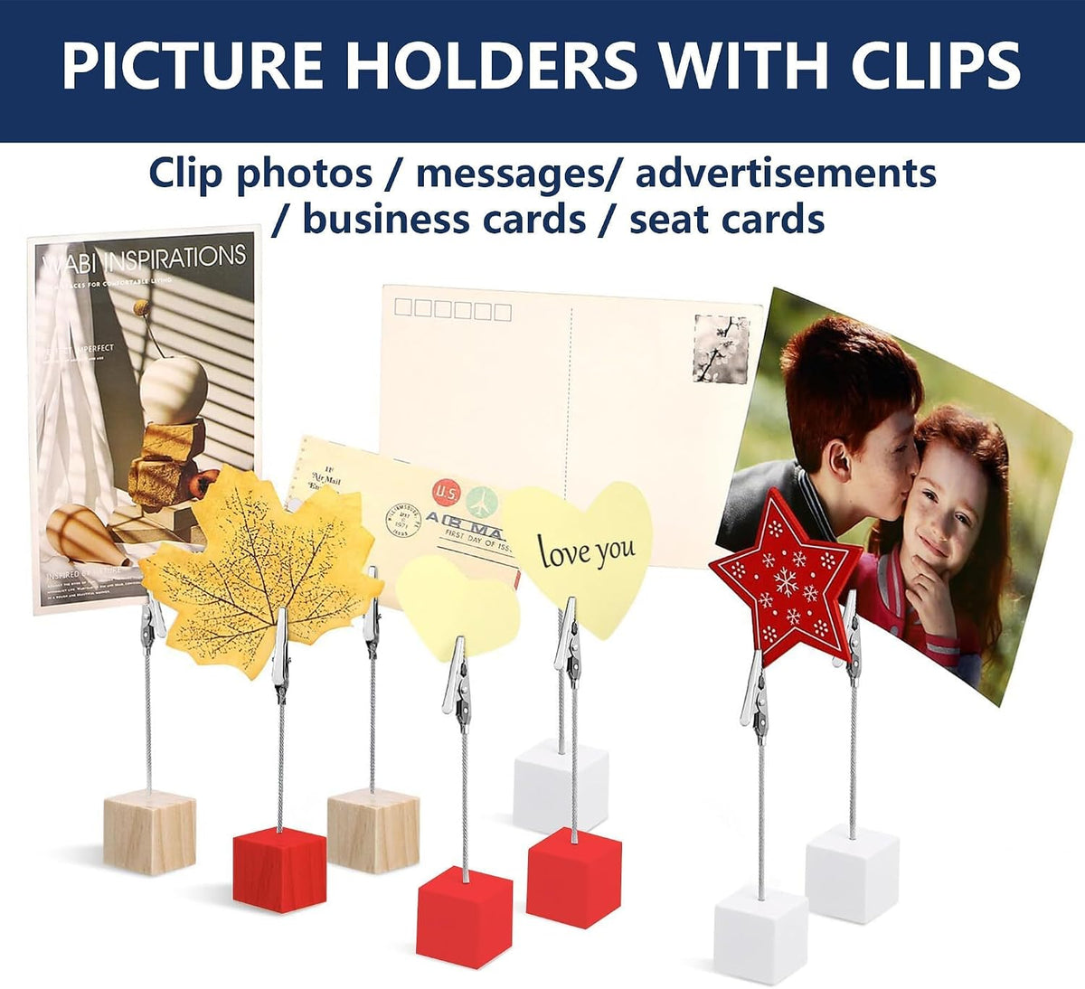 24 Pcs Wooden Cube Memo Holders with Alligator Clips, Table Number Stands for Wedding, Event, Office Desk – Black Base Photo & Card Display Clips